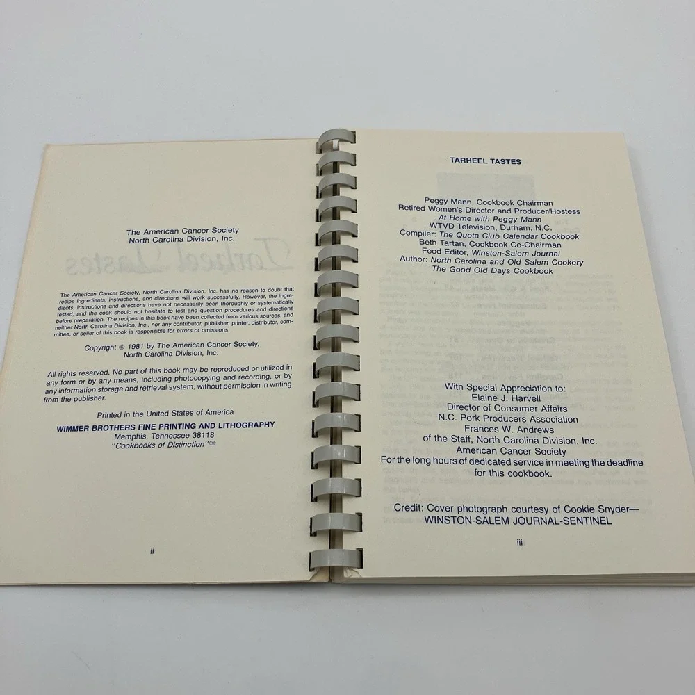 Vtg 1981 Tarheel Tastes North Carolina American Cancer Society Cookbook Recipes